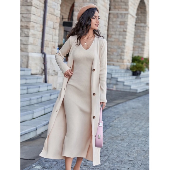 2 Piece Set: Knit Midi Pencil Dress and Long Cardigan Button Through - Picture 1 of 14